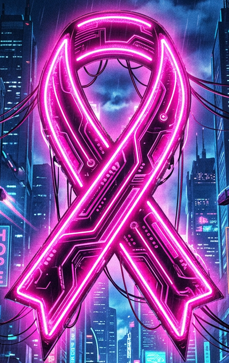 Neon pink breast cancer awareness ribbon glowing above a futuristic cyberpunk city street